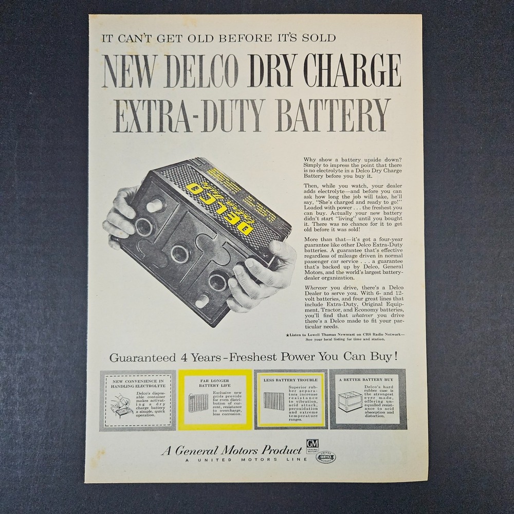 1955 Delco Dry Charge Extra-Duty Auto Battery Vintage Print Ad GM General Motors